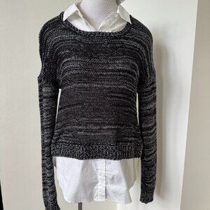 Aqua Black Layered Sweater faux White Button Down Collar Bottom Twist M NEW